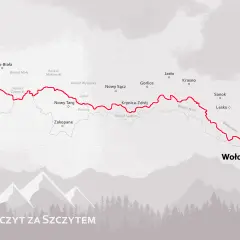 Mapa przedstawiająca przebieg Głównego Szlaku Beskidzkiego od Ustronia do Wołosatego, z zaznaczonymi pasmami górskimi i miejscowościami.