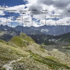 Widok na Tatry Wysokie z Rysami, Wysoką i Mięguszowieckim Szczytem Wielkim. W oddali Krywań, a niżej Wole Oko i Zadni Staw Polski. Zawrót szczytów zapiera dech.