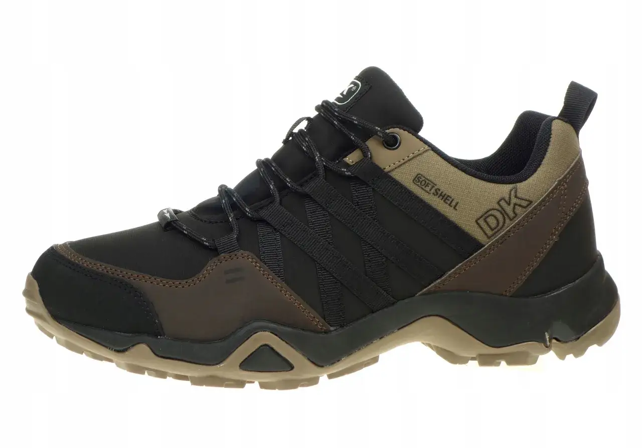 Czarne buty trekkingowe z brązowymi elementami i napisem 