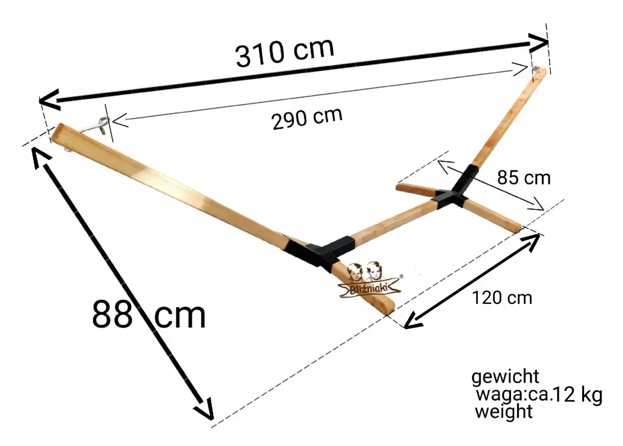Drewniany stelaż do hamaka zrób sam. Wymiary: 310x88x120 cm, waga ok. 12 kg. Idealny do relaksu.
