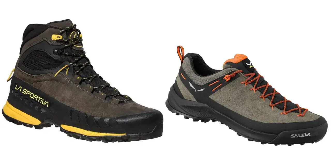 Dwa modele butów trekkingowych: wysokie La Sportiva i niskie Salewa. Zastanawiasz się, jakie buty trekkingowe wybrać na wyprawę?